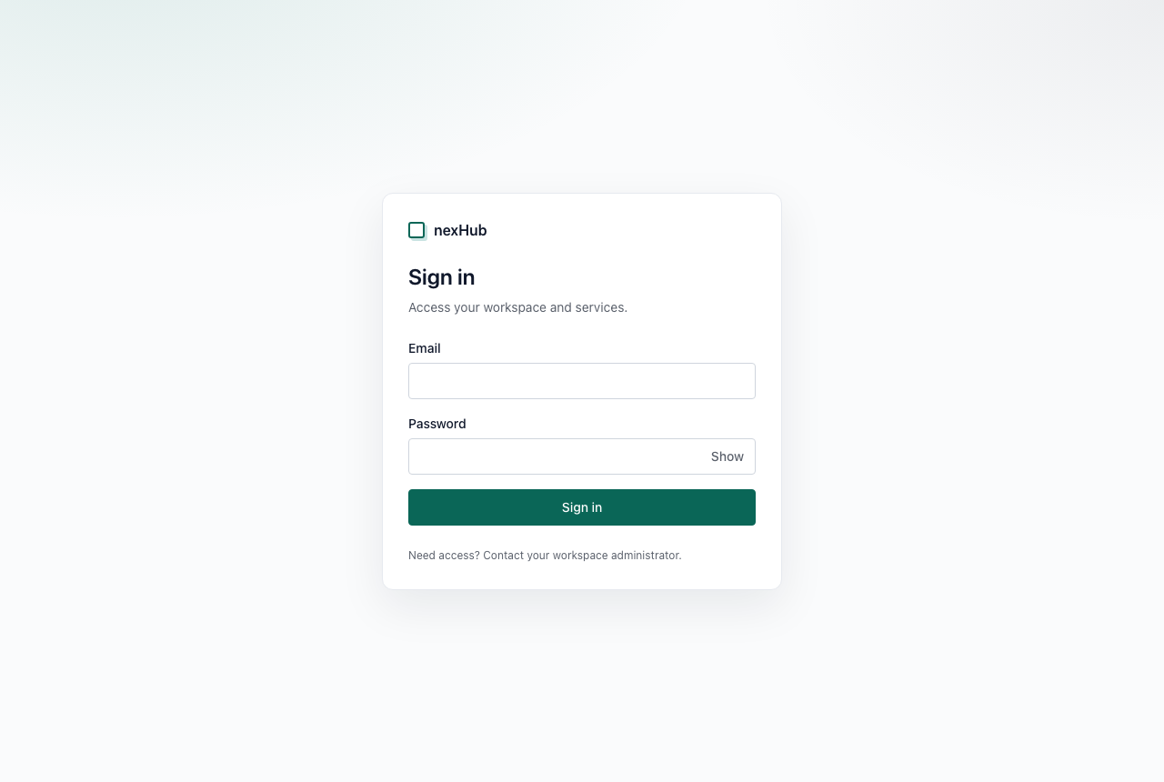 nexHub sign-in page with the fields Email and Password and the button Sign in