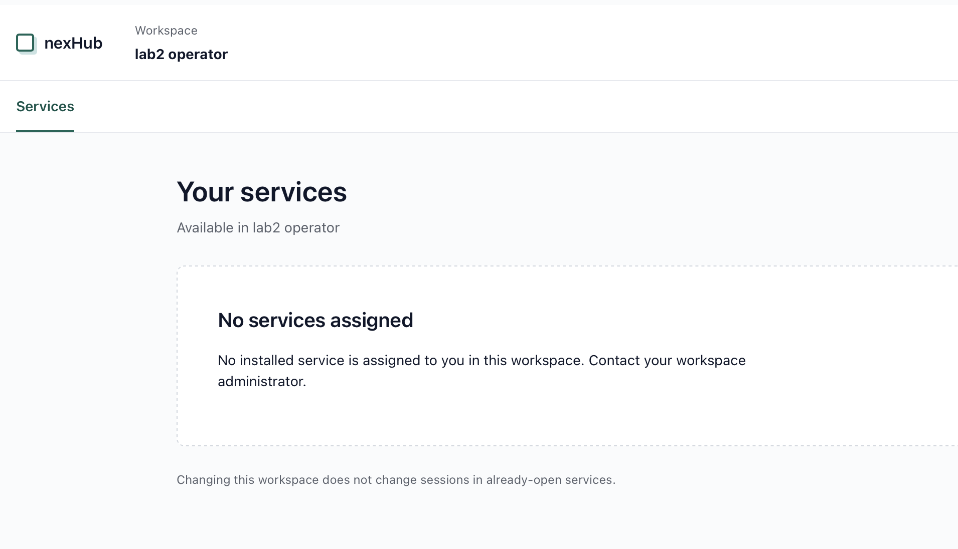 nexHub after sign-in with the workspace lab2 operator and the message No services assigned